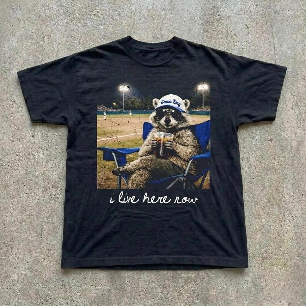 Black Graphic Tee With Raccoon